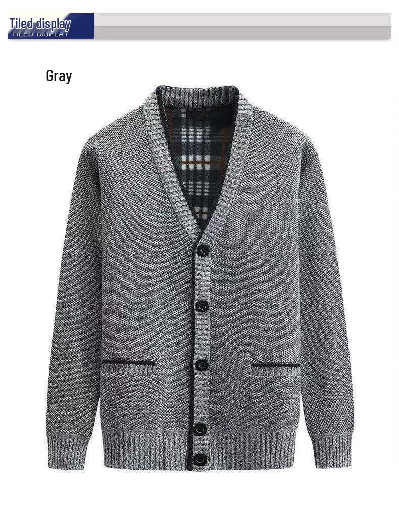 Мужской зимний утолщенный свитер-кардиган с V-образным вырезом и бархатом для людей среднего и пожилого возраста