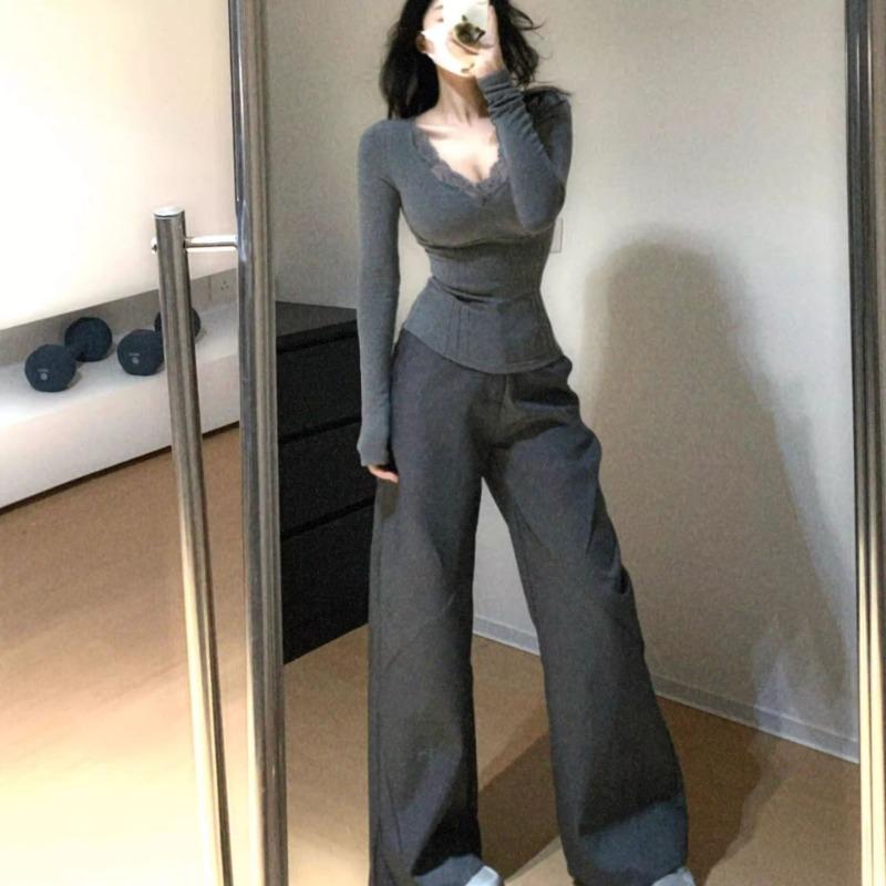 Hong Kong Style Retro Gray Long-sleeved Women's Spring and Autumn New Slim Lace Top
