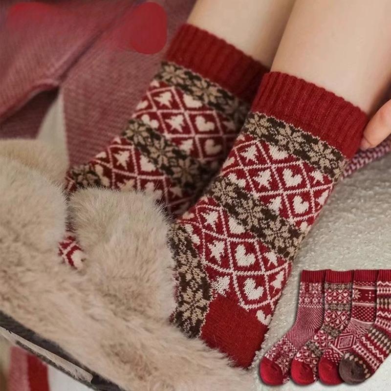 Новогодние красные носки для детей, Рождественские носки в стиле Fair Isle, Зимние толстые и теплые шерстяные носки