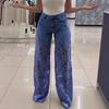 Women's Lace Patchwork Jeans Casual Baggy Straight Wide Leg Denim Pants Mid Waist Floral Hollow Out Jeans