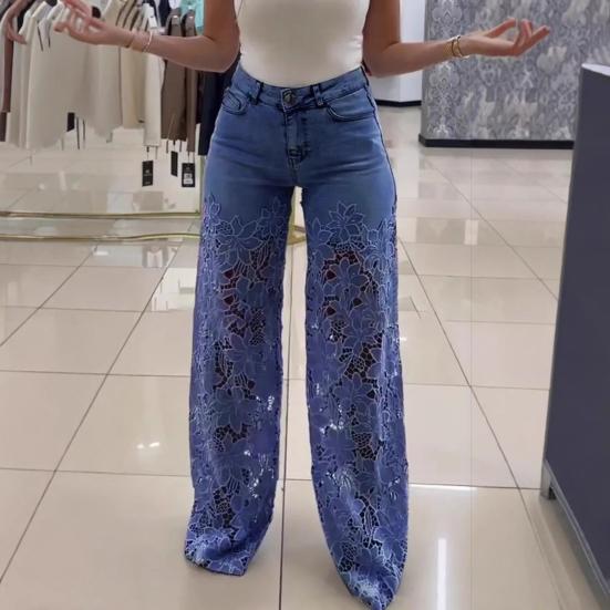 Women's Lace Patchwork Jeans Casual Baggy Straight Wide Leg Denim Pants Mid Waist Floral Hollow Out Jeans