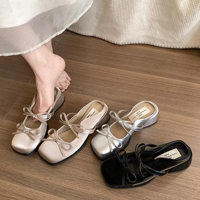 Туфли с бантом, Туфли на толстом каблуке, Женская обувь, Обувь нового стиля, Квадратный носок, Увеличивающие рост, Полудраг, Одинарные туфли