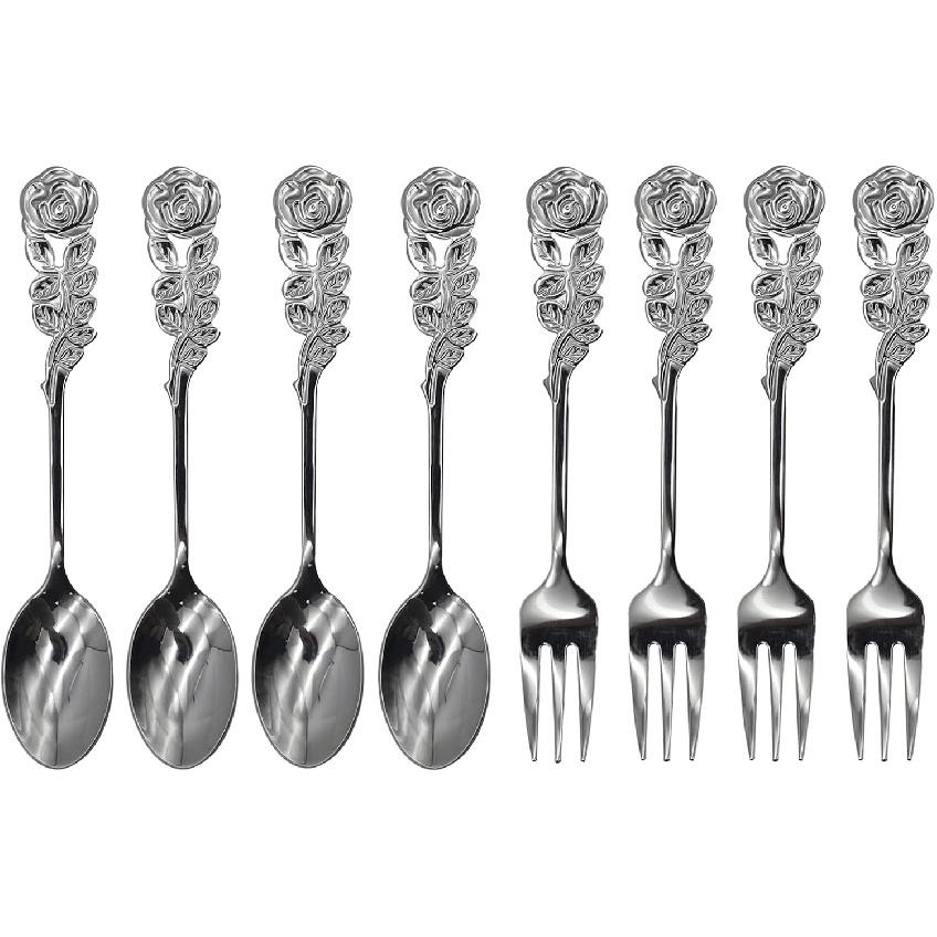 8Pcs Rose Handle Spoon Fork Set 4.72inch 18/10(304) Stainless Steel Flatware for Coffee Tea Dessert Ice Cream Appetizer Fruit