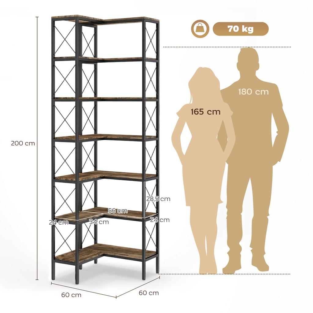 6-Tier L-Shaped Bookshelf, Freestanding Corner Bookcase with Metal Frame, Rustic Brown