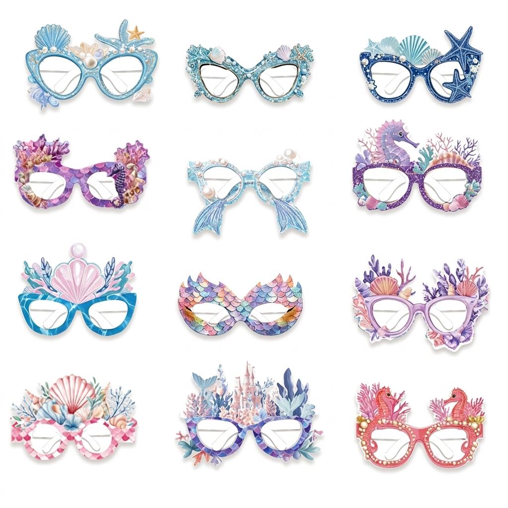 12 Pcs Mermaid Theme Party Glasses for Kids Paper Photo Props Flexible Frame 3D Scale Pattern Birthday Halloween Cosplay