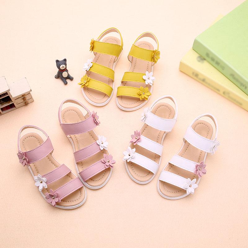Летние пляжные сандалии на плоской подошве для девочек с ремешками и цветами, детская обувь для малышей