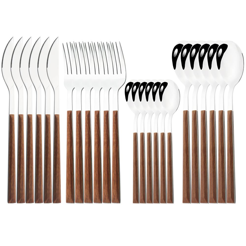 16/24/30Pcs Gold Imitation Wooden Handle Dinnerware Cutlery Set Stainless Steel Tableware Knife Fork Spoons Silverware Western Flatware
