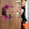 Halloween Moon Cat Wreath for Front Door Crescent Moon Wreath Sign with Artificial Rose Flowers for Gothic Home Decoration