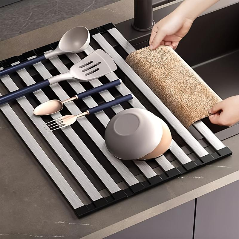 Tri-Fold 304 Stainless Steel Kitchen Sink Rack-Rustproof, Rolling Curtain For Drying Dishes Sner Kitchen Dish Rack Drainage Rack