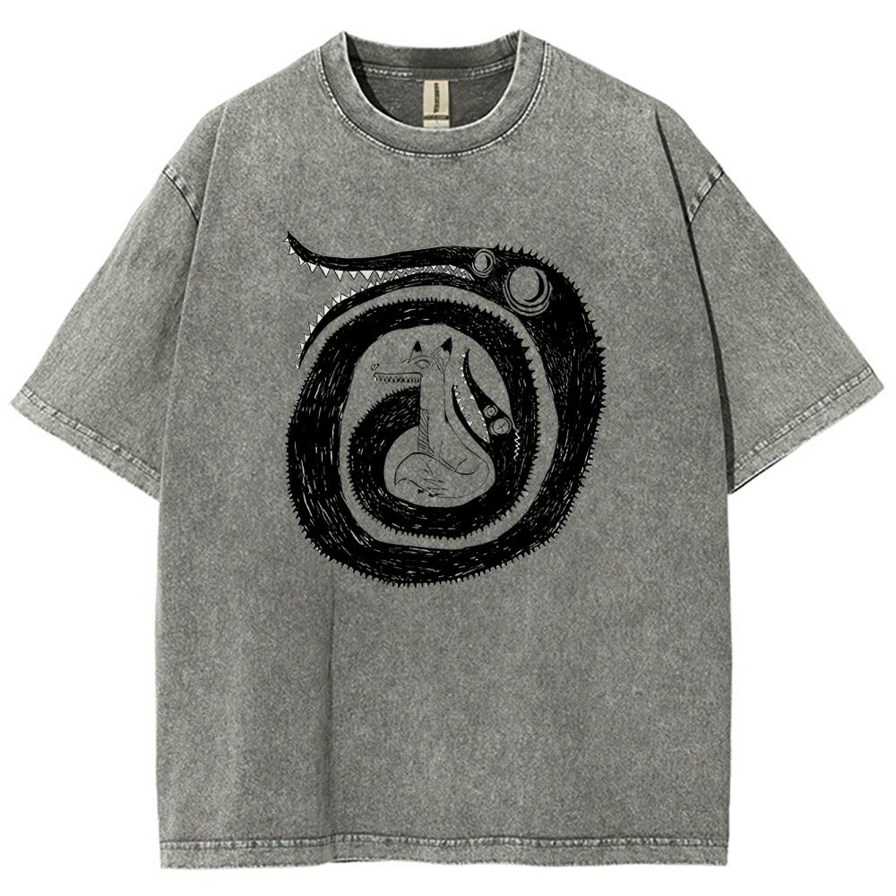Abstract Black Cartoon Fox Print Women's T-Shirt Unisex Crew Neck Wash Loose Short SleeveDesign Sense