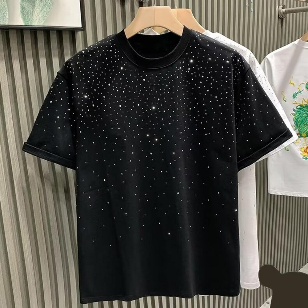 Summer Couple T-shirt Rhinestone Decor Round Neck Plus Size Short Sleeves Loose Pullover Solid Color Mid Length Unisex Daily Top
