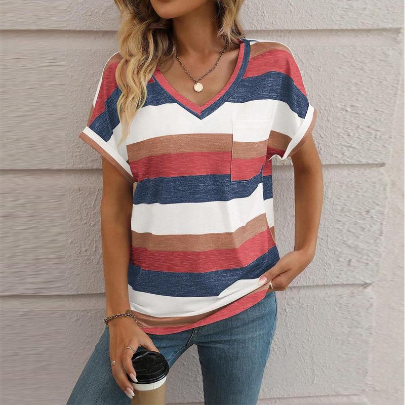Striped V-neck Bat Sleeve T-Shirt for Women: Cross-border European & American New Spring/Summer Collection