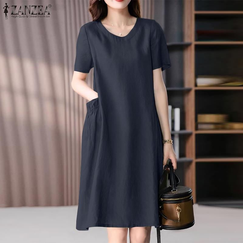 ZANZEA Женское повседневное свободное платье с коротким рукавом и круглым вырезом, летнее платье