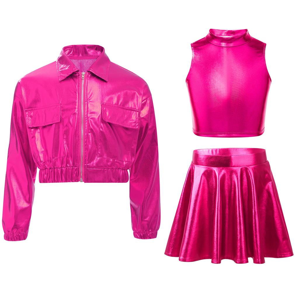 Metallic Shiny Jacket Set for Girls: Turn-Down Collar Long Sleeve Coat with Turtleneck Tank & High Waist A-Line Skirt