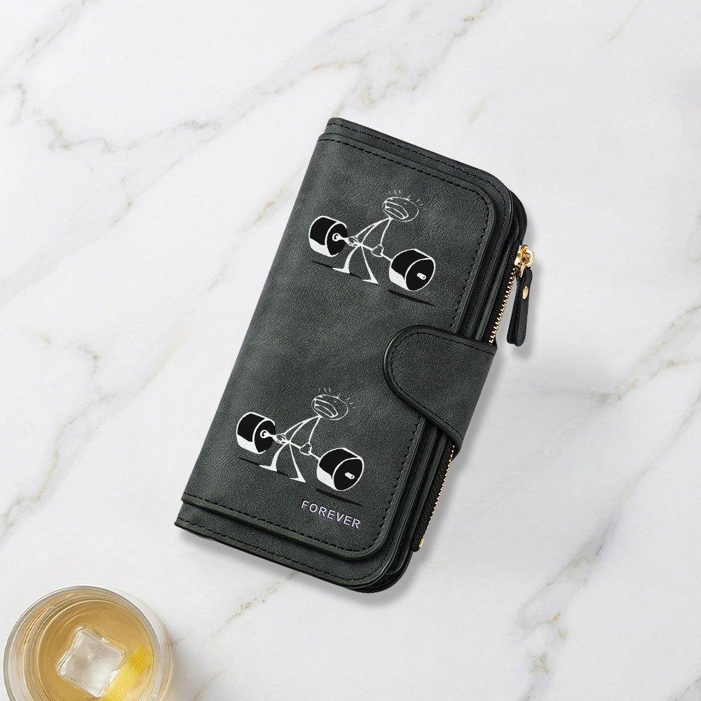 Cartoon character print long wallet with workout themed design multifunctional portable coin purse with clasp suitable for daily commuting travel