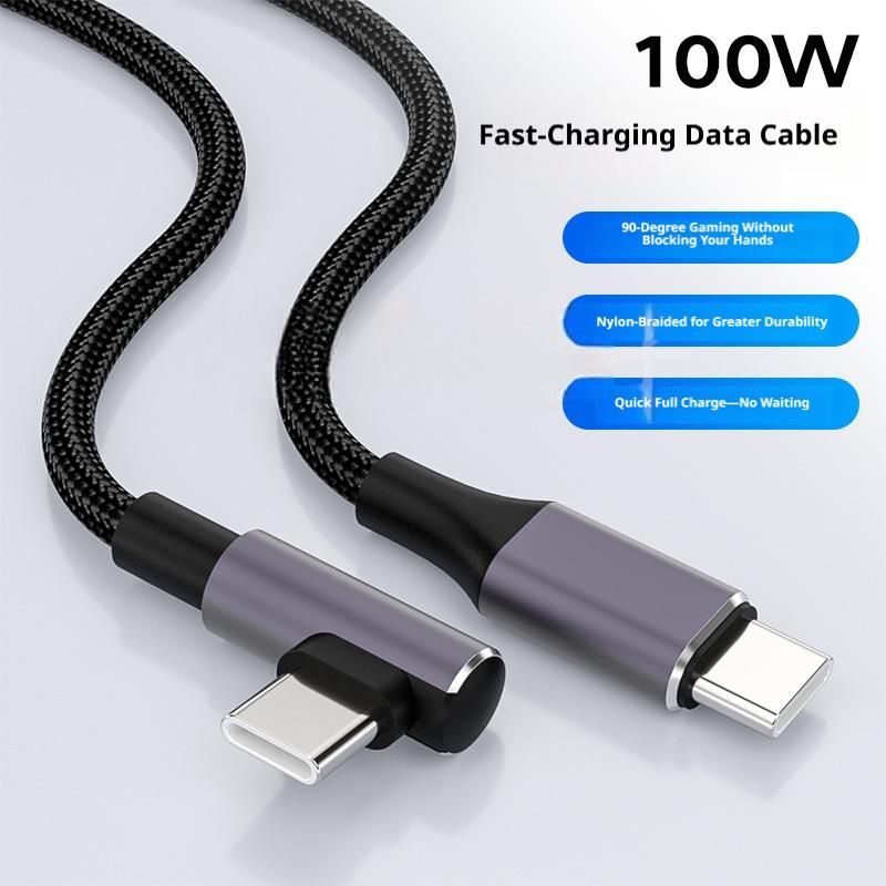 100W Fast Charging Cable for Apple & Samsung - 5A Nylon Braided Dual Type-C 90° Elbow Cable