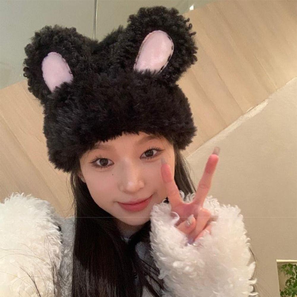 Solid Color Knitted Plush Hat Fluffy Winter Outdoor Warm Cap Rabbit Ear Beanies Autumn Winter