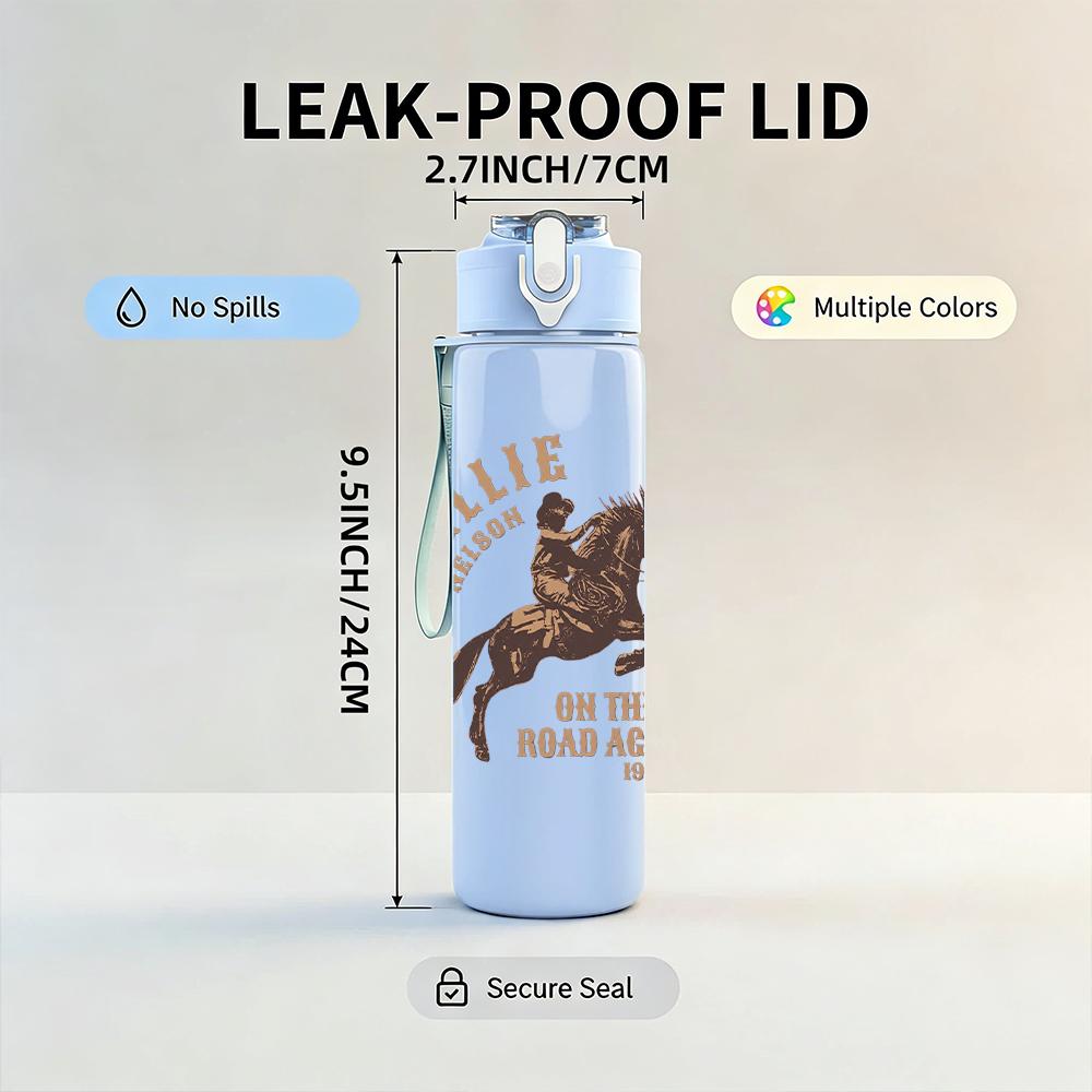 1PC Willie Nelson Cowboy Horse Print 750ml colorful plastic sports water bottle leakproof pop up lid with straw for outdoor work home use