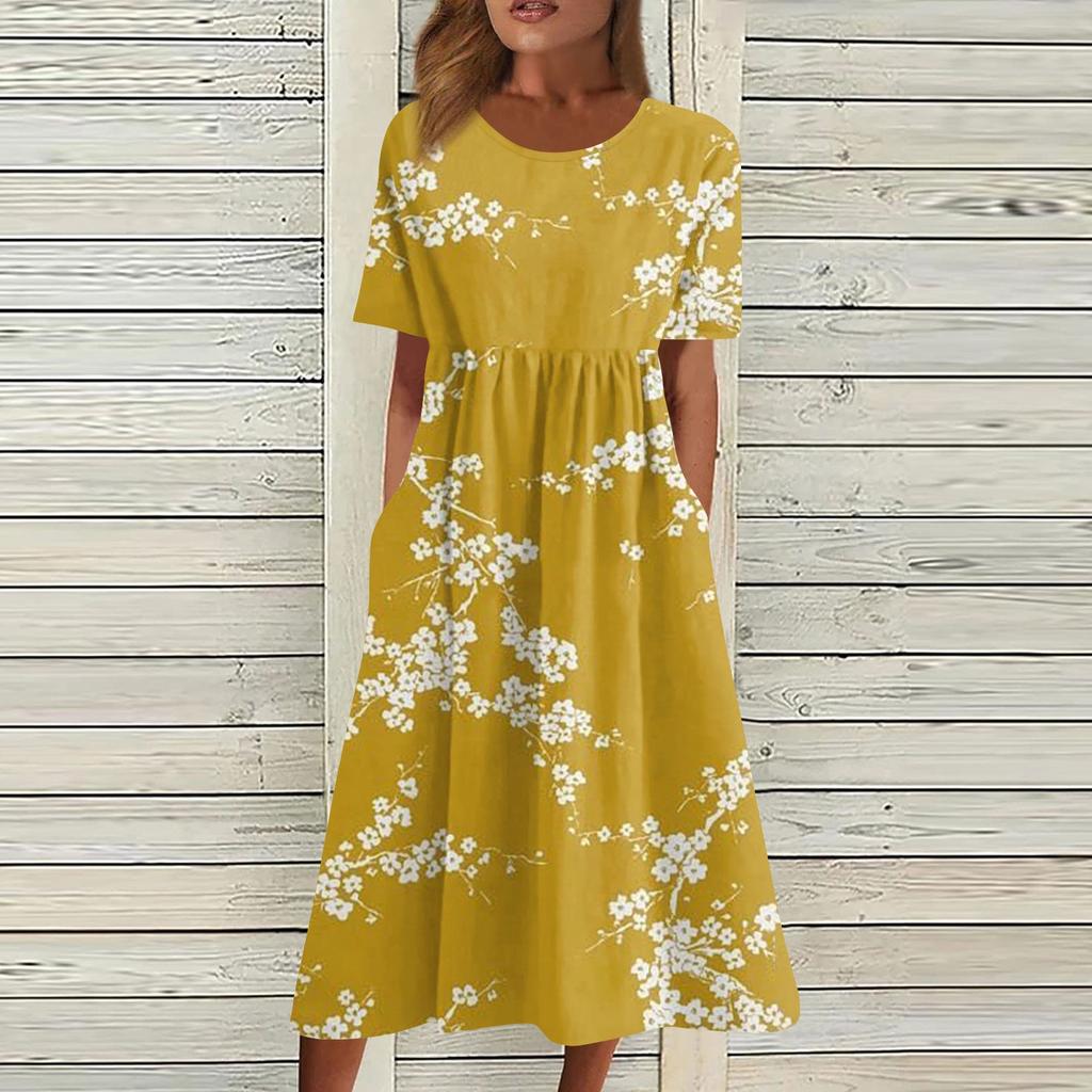 Жен. Повседневные платья Платья с принтами Летние платья С принтами Плиссированные платья-миди с круглым вырезом Классический Классический На открытом воздухе Повседневные С короткими рукавами Свободные платья