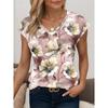 Женская футболка с тропическим модным цветочным принтом, короткий рукав, обычные топы с V-образным вырезом, повседневная розовая летняя