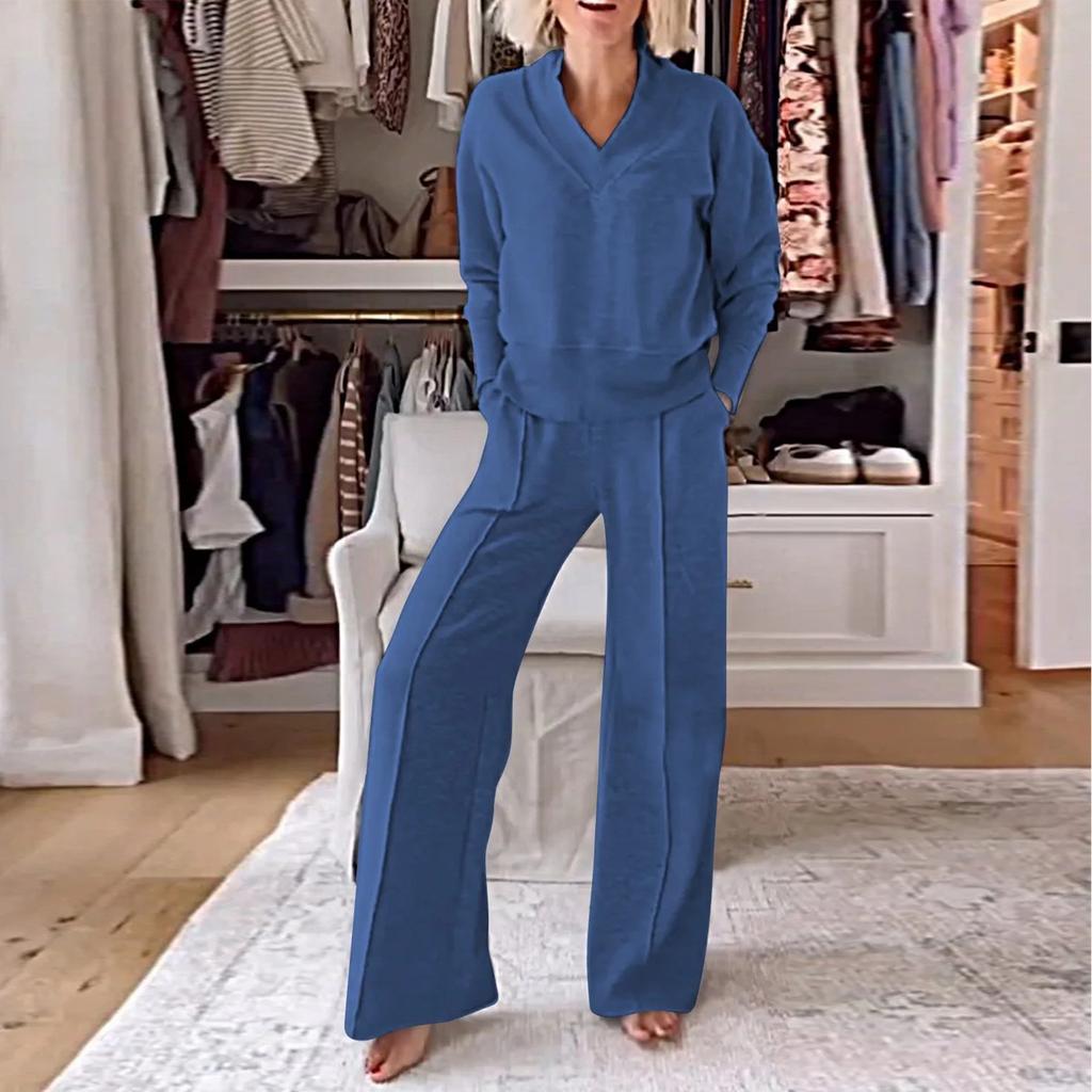 Женский повседневный комплект из двух предметов с V-образным вырезом и длинными рукавами, свободный топ и широкие брюки