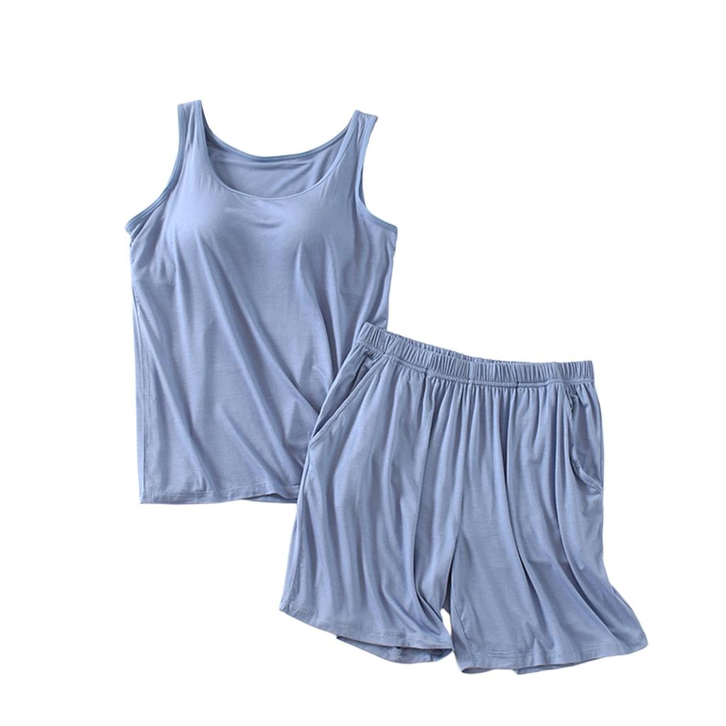 Women's Pajama Set With Chest Pad Solid Color Sleeveless Vest Short Split Pants Two Pieces
