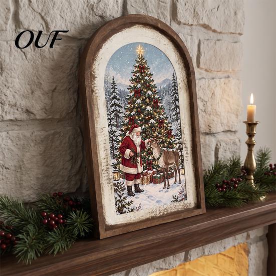 Decorative Wall Mounted Art Vintage Arched Wooden Photo Frame with Christmas Illustration, Retro Distressed for Home Decorations Desktop And