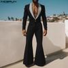 Oversized Men Long Sleeve Deep V Neck Stitching Slim Waist Casual Long Flare Rompers Jumpsuits