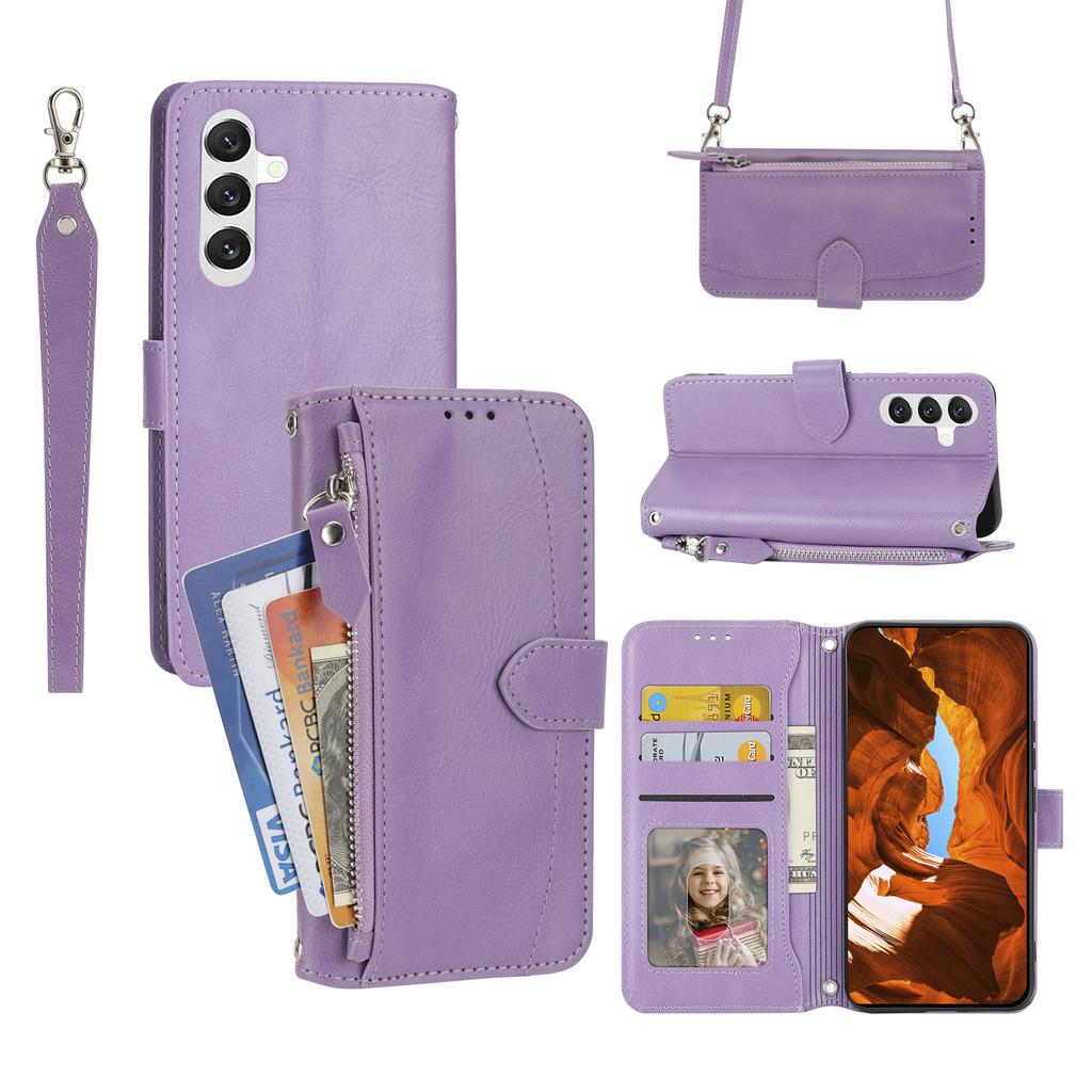 For Samsung Galaxy S26 Case Zipper Pocket Leather Phone Cover with Crossbody Shoulder Strap