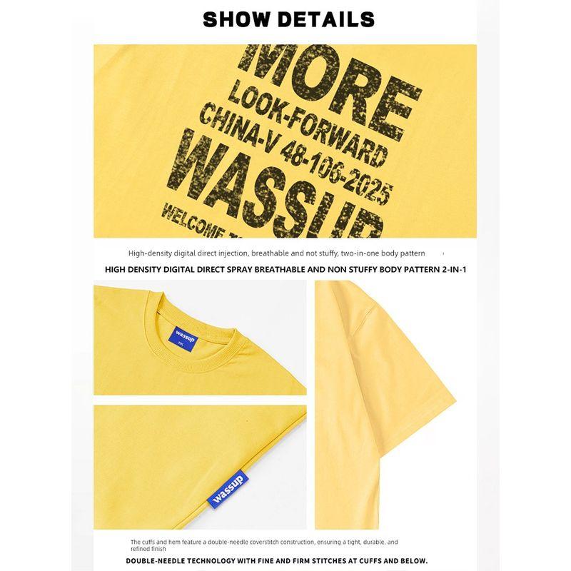 Wassup Trendy Brand Distressed Inkjet Letter T-Shirt Short-Sleeved Men's Summer Loose Casual Couple Round Neck Half-Sleeved Top