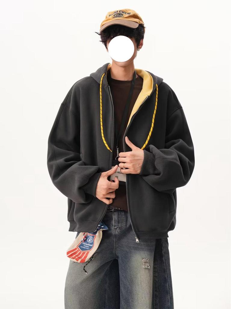 Унисекс худи колор-блок осенних цветов: Спортивная куртка свободного кроя в стиле колледжа на двойной молнии