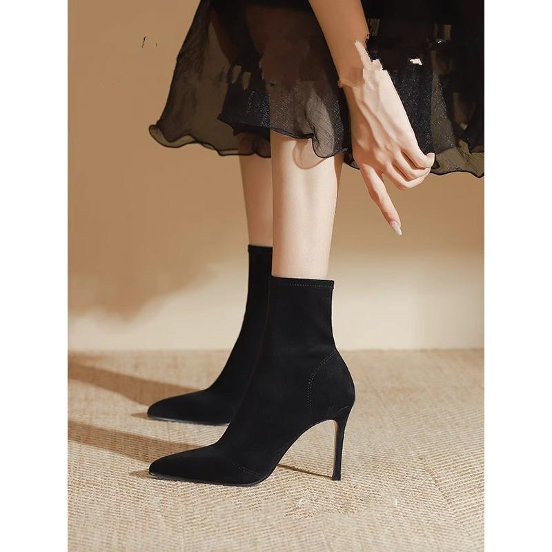 Fashion 2024 New Women High Heels Sock Ankle Boots Black Short Boots Lady Winter Pointed Toe Satin Sexy Shoes for Women Botas Mujer