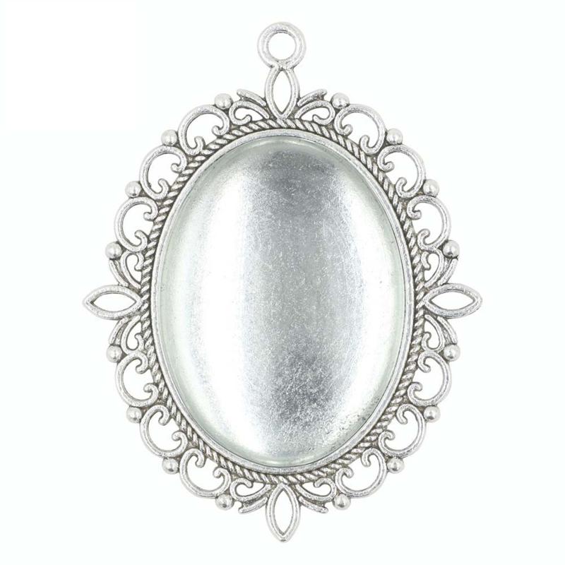 10 Set Metal Alloy Pendant Trays Oval Bezel Trays DIY Vintage Blank Pendant Bases with Transparent Glass Cabochons