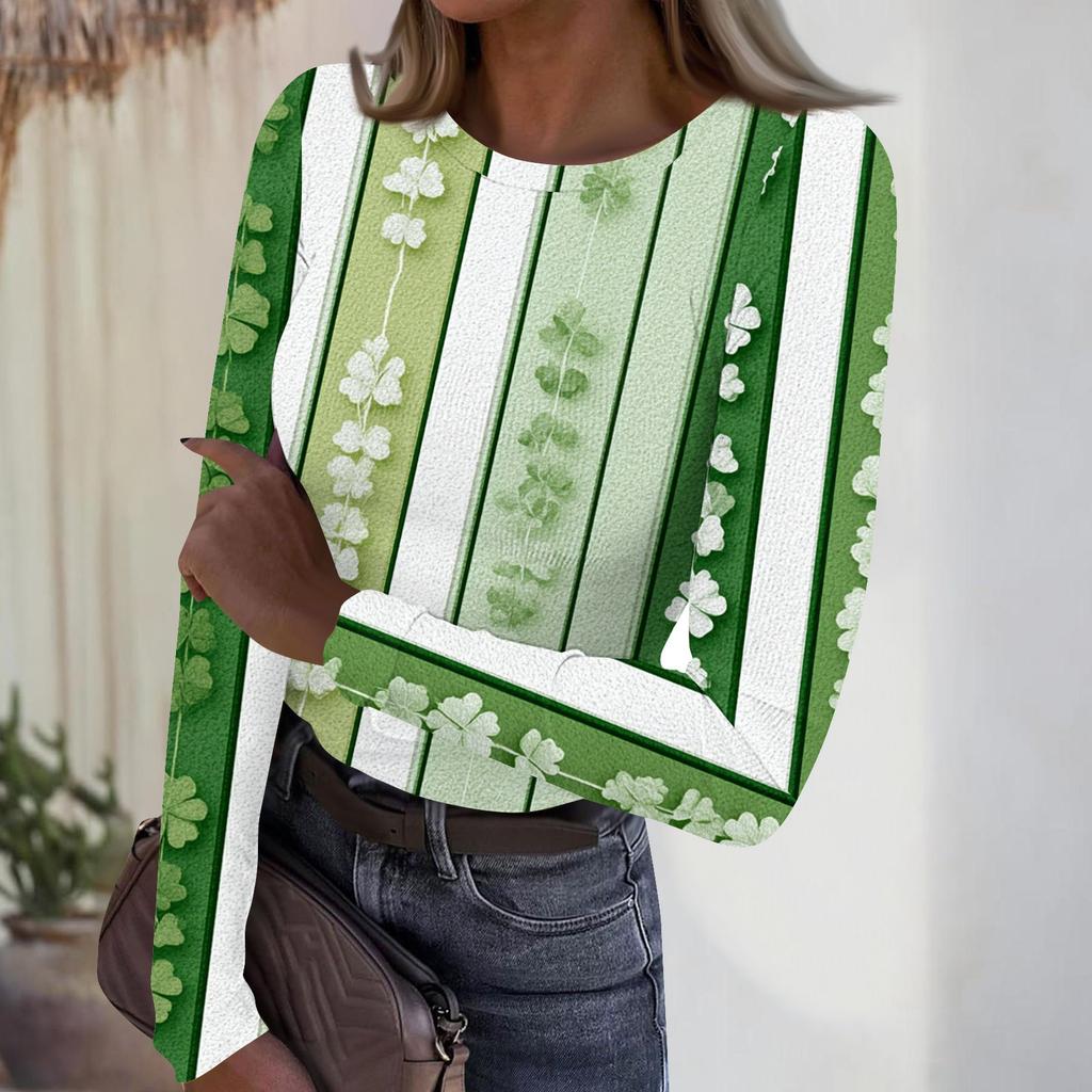 Women's Casual Fashion Round Neck St. Patrick's Day Print Long Sleeve Ribbed Top