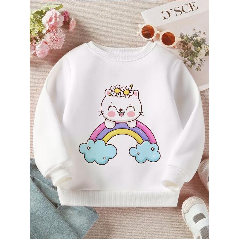 Long Sleeve Crewneck Sweatshirt Featuring a "Kawaii Cat on a Rainbow" Print for Girls And Boys - a Soft