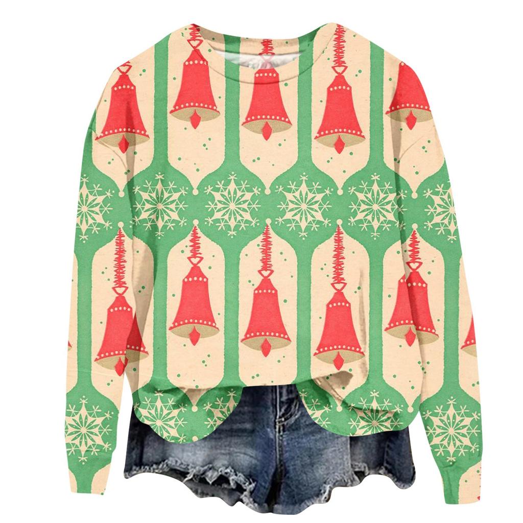 Женская модная рождественская принтованная толстовка с длинным рукавом и круглым вырезом