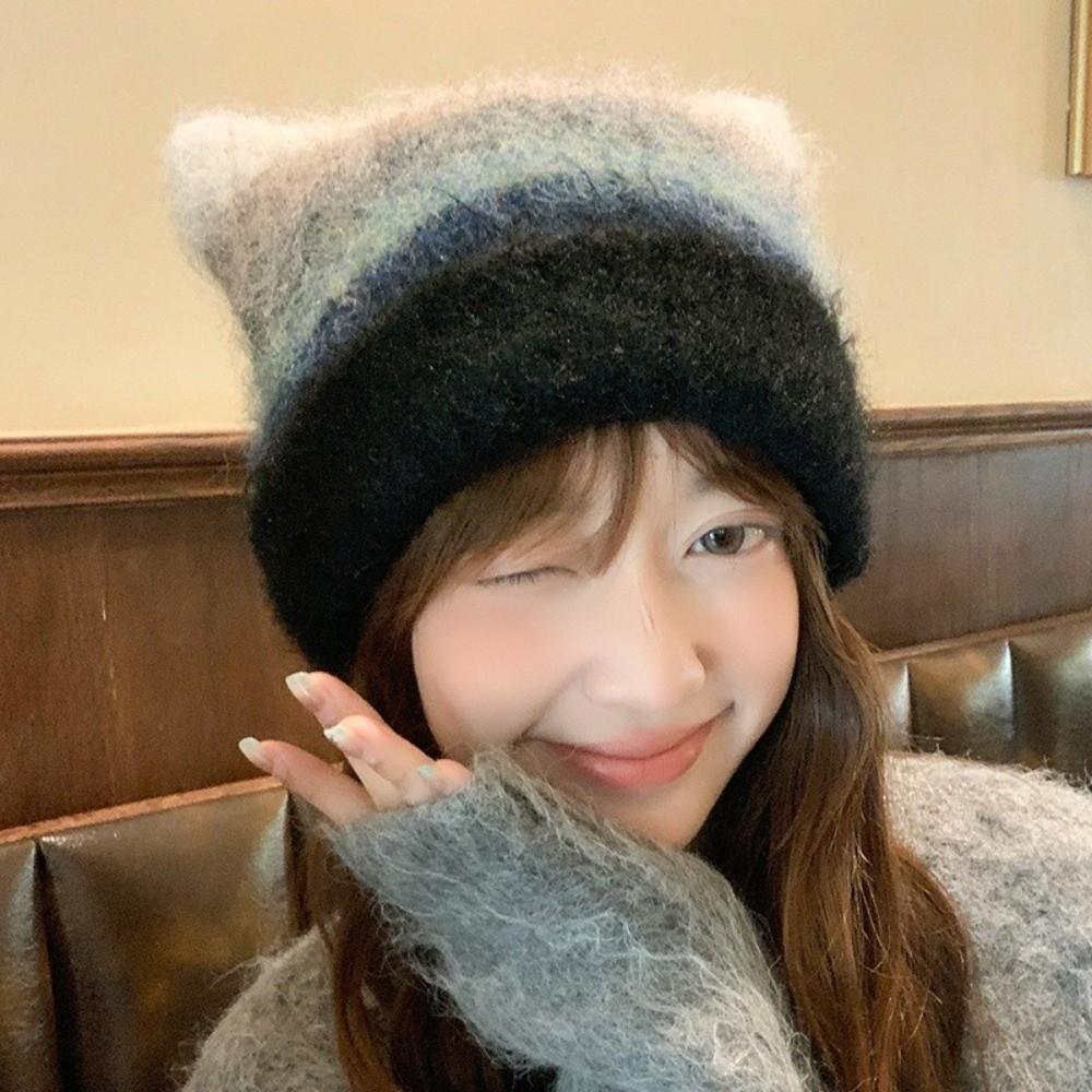 Rainbow Cat Ears Pullover Hat Gradient Woolen Knitted Hat Cute Striped Bucket Hat Autumn Winter