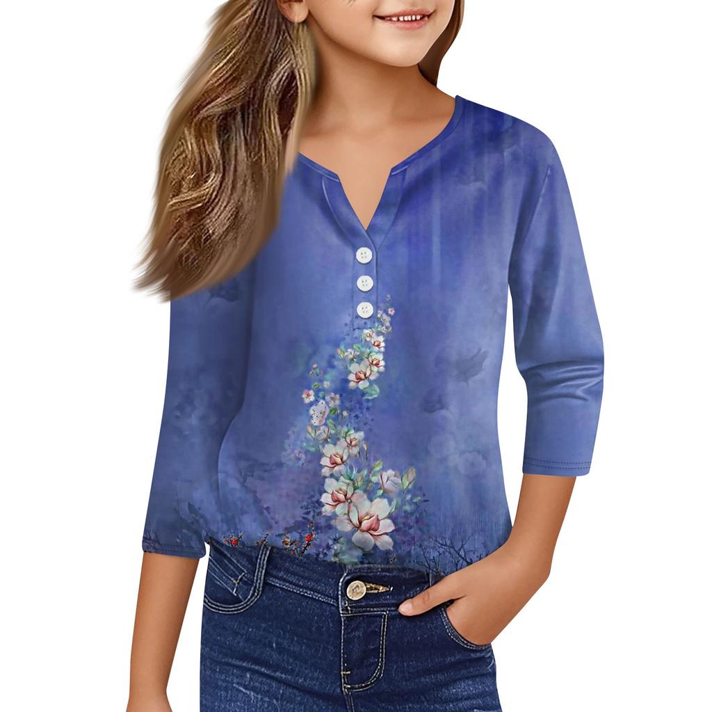 Повседневные модные топы для девочек с принтом, футболка с семью рукавами и пуговицами