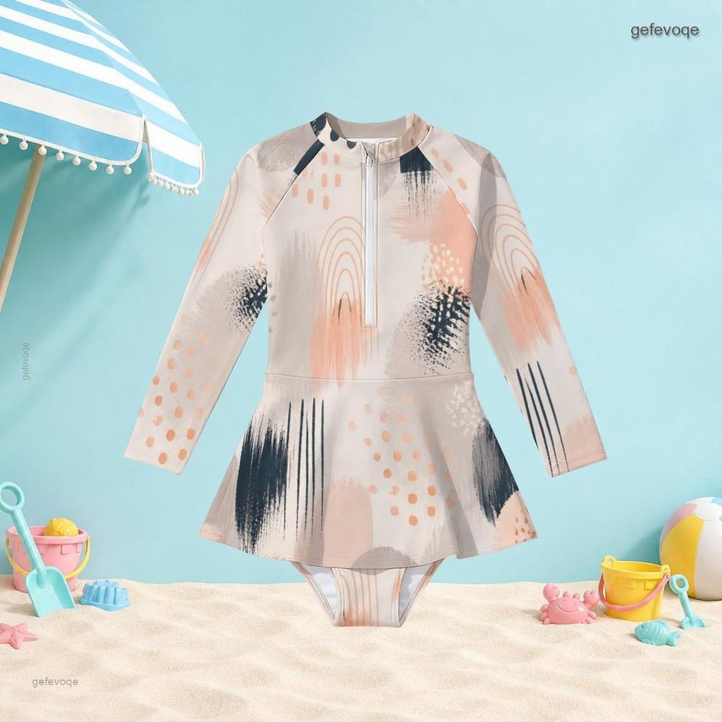 Girls High Neck Long Sleeve One Piece Printed Swimsuit Front Zip Skirt Hem Beachwear