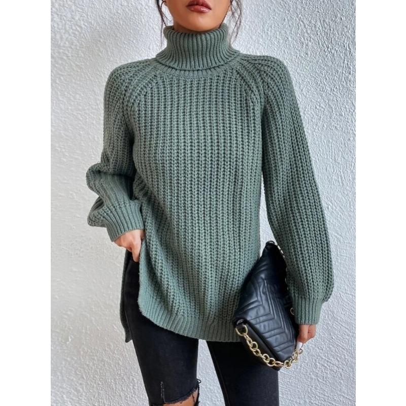 Autumn and Winter Women's Plus Size Knit Sweater Medium Long Shoulder Sleeve High Lapel Split Sweater Dress