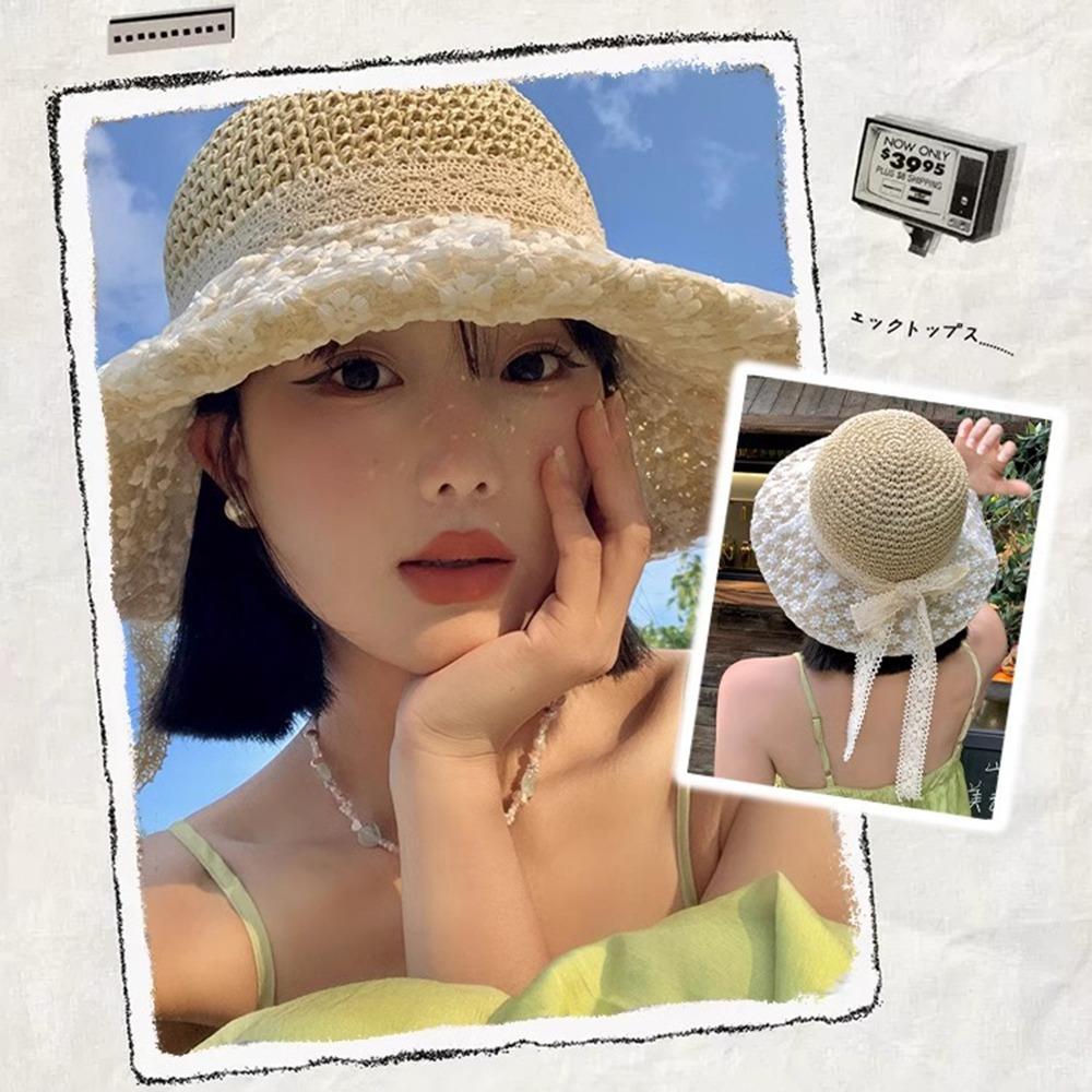 Large Brim Flower Sun Hat Breathable Lace Bowknot Sunshade Cap Vacation Woman's Straw Hat  Travel