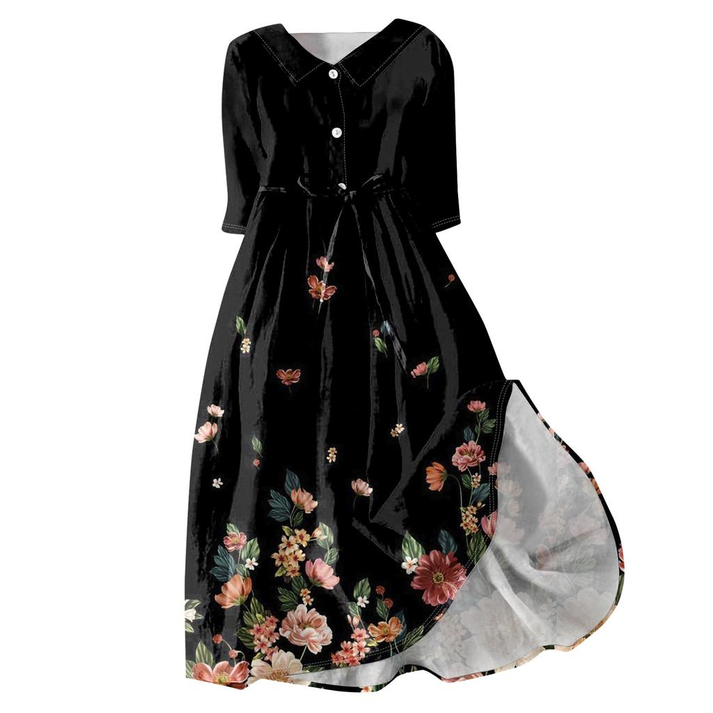 Женское модное платье с откидным воротником и рукавами 3/4 с принтом