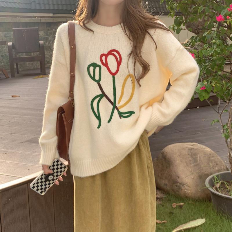 Японский свитер в стиле ретро, ​​женский осенне-зимний новый корейский свежий свободный верх, теплый толстый джемпер с круглым вырезом, вязаный свитер, топы