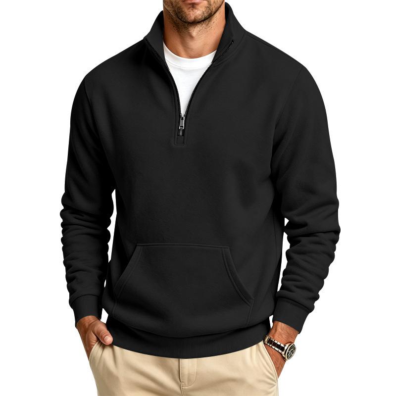 Men S Casual Fleece Lined Stand Collar Zip Pullover Solid Color Sweatshirt