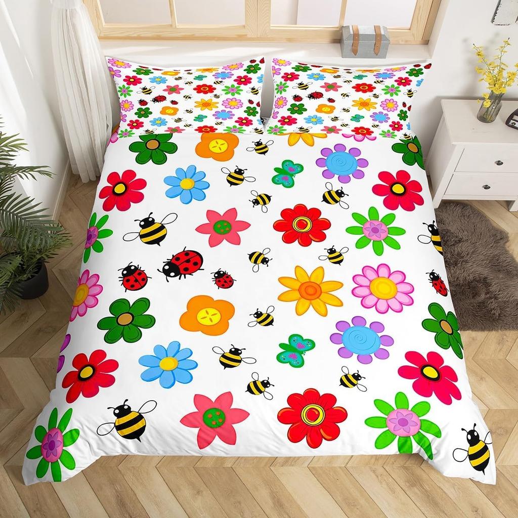 Cute Ladybug Duvet Cover Twin Queen Cartoon Animal Ladybird Insect Bedding Set Kawaii Wildlife Love Heart Print Comforter Cover
