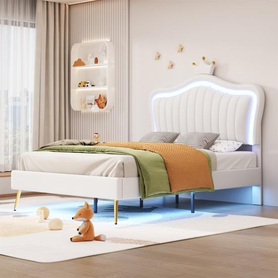 Family Bed Crown Shape Children with Headboard LED Light Heavy Single Duty Strong Carrying Capacity Girl Bedroom Furniture Indoor