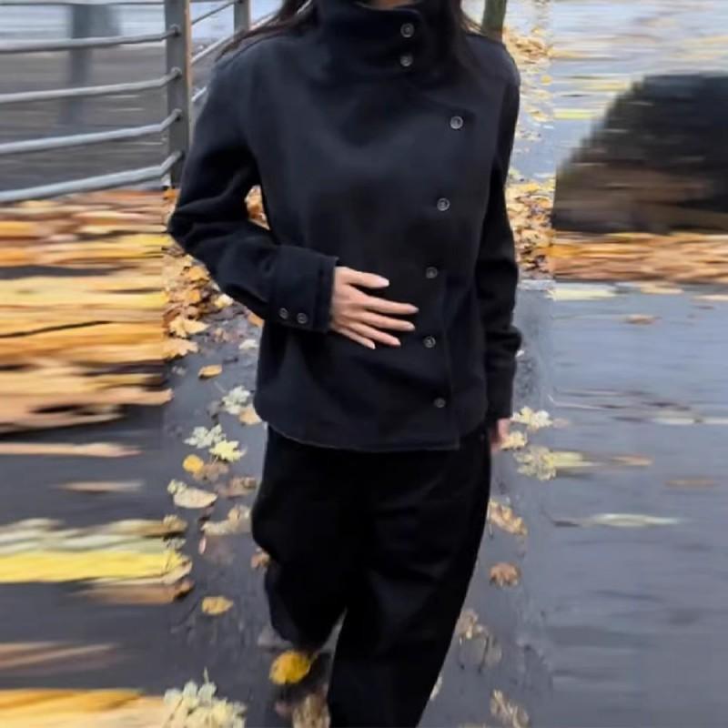 Womens Stand Collar Fencing Jacket Fall Winter Fashion Streetwear Single-Breasted Denim Blazer