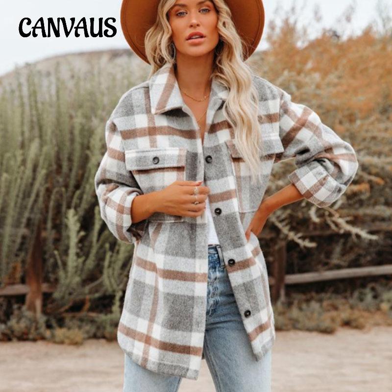 Autumn and Winter Women's Shirt Jacket Plaid Button Flannel Tweed Shirt Jacket Tops