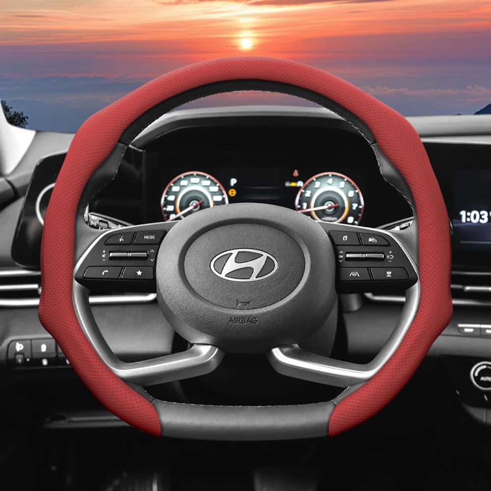 Подходит для Hyundai, Кожаная перфорированная накладка на рулевое колесо, Нескользящая, Впитывающая пот, Дышащая, Интегрированный защитный чехол Elantra N Sonata Ioniq