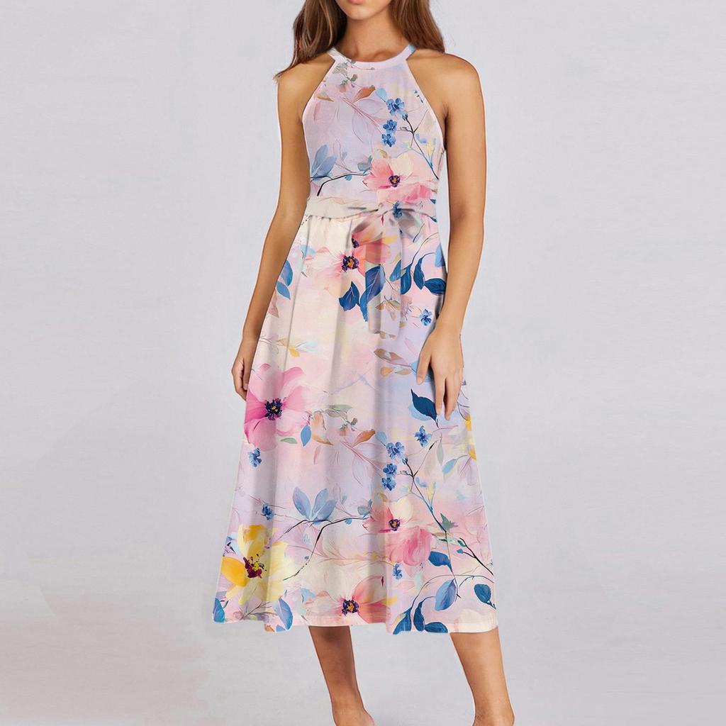 Женское повседневное платье миди с круглым вырезом, классическое, повседневное, без рукавов, свободное платье в стиле бохо с завязками, летний пляжный сарафан